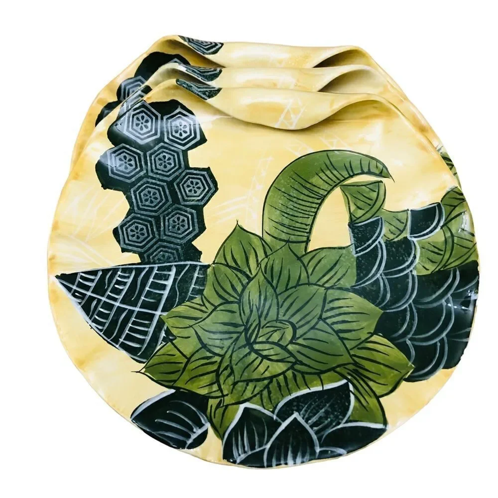 Tommy Bahama Set/3 Ambiance Curled Edge Yellow Green Tropical Print Salad Plates